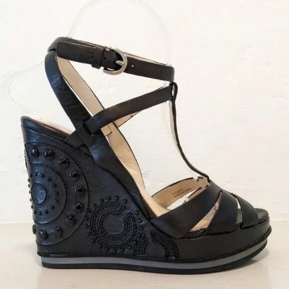 COACH Catalina Black Leather Embellished Studded Wedge Ankle Strap Sandal Sz 7.5 - Picture 5 of 12